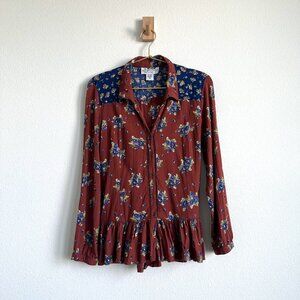 Back in the Saddle Western Boho Floral Blouse with Back Tie & Ruffle Hem - M